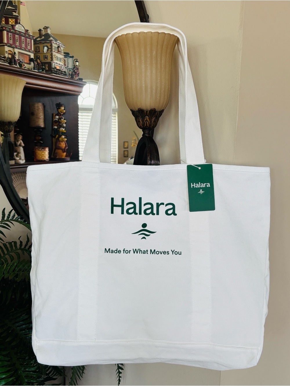 Brand New HALARA White Canvas Tote Green Logo Large Shoulder Bag Gym Casual - Picture 1 of 9